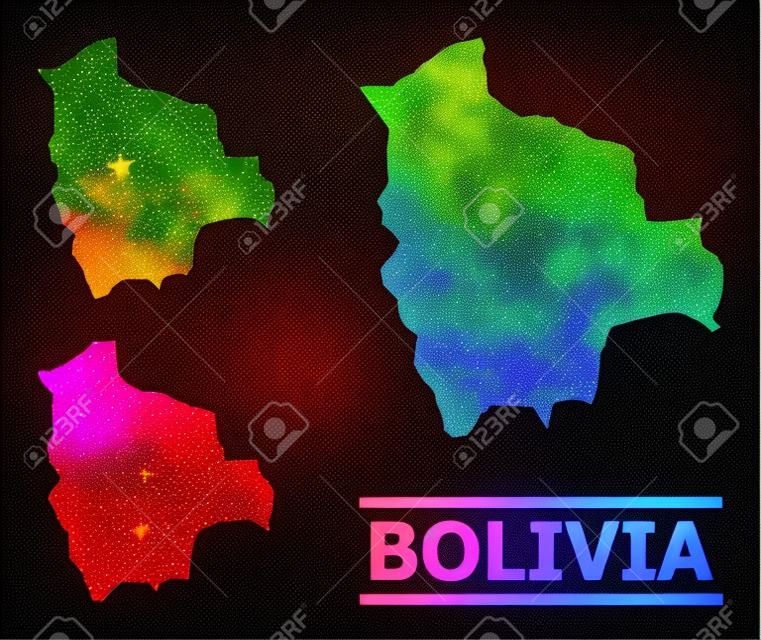 Carte en mosaïque d'étoiles à gradient spectral de la Bolivie. Carte dynamique vectorielle de la Bolivie avec des gradients spectraux. La carte en mosaïque du collage de la Bolivie est conçue de parties d'étoiles colorées chaotiques.