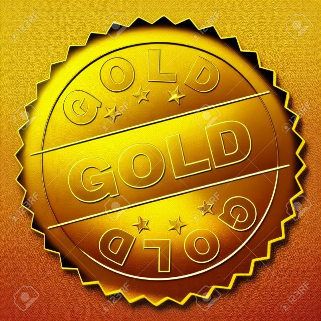 GOLD stamp badge. Vector golden medal with GOLD text. Text labels are placed between parallel lines and on circle. Golden skin has metallic texture.