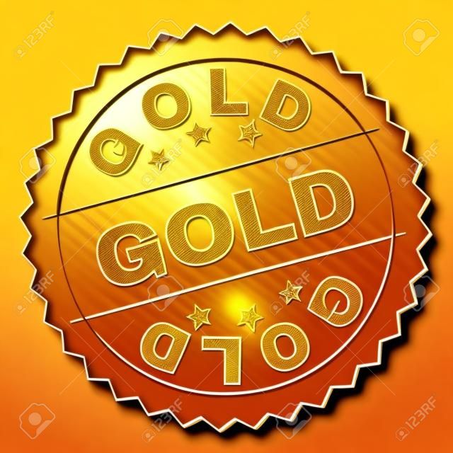 ゴールドスタンプバッジ。ゴールドテキストを持つベクトル金メダル。テキストラベルは、平行線と円の間に配置されます。金色の肌はメタリックな質感を持っています。