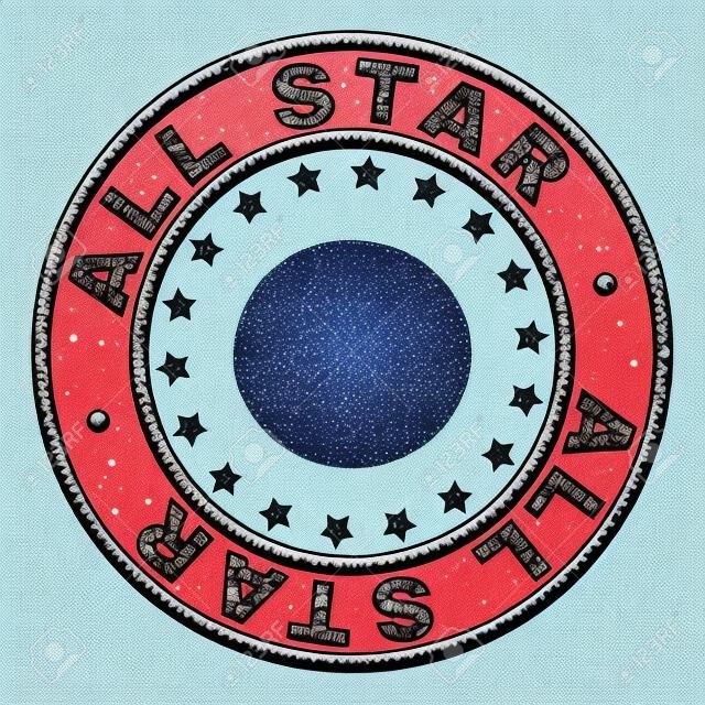 ALL STAR timbro sigillo impronta con struttura del grunge. Progettato con cerchi e stelle. Stampa in gomma blu vettoriale dell'etichetta ALL STAR con struttura del grunge.
