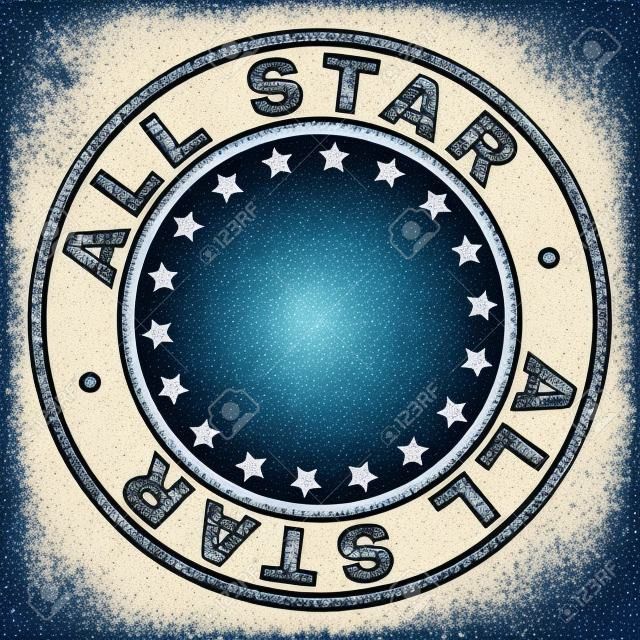 ALL STAR stamp seal imprint with grunge texture. Designed with circles and stars. Blue vector rubber print of ALL STAR label with grunge texture.