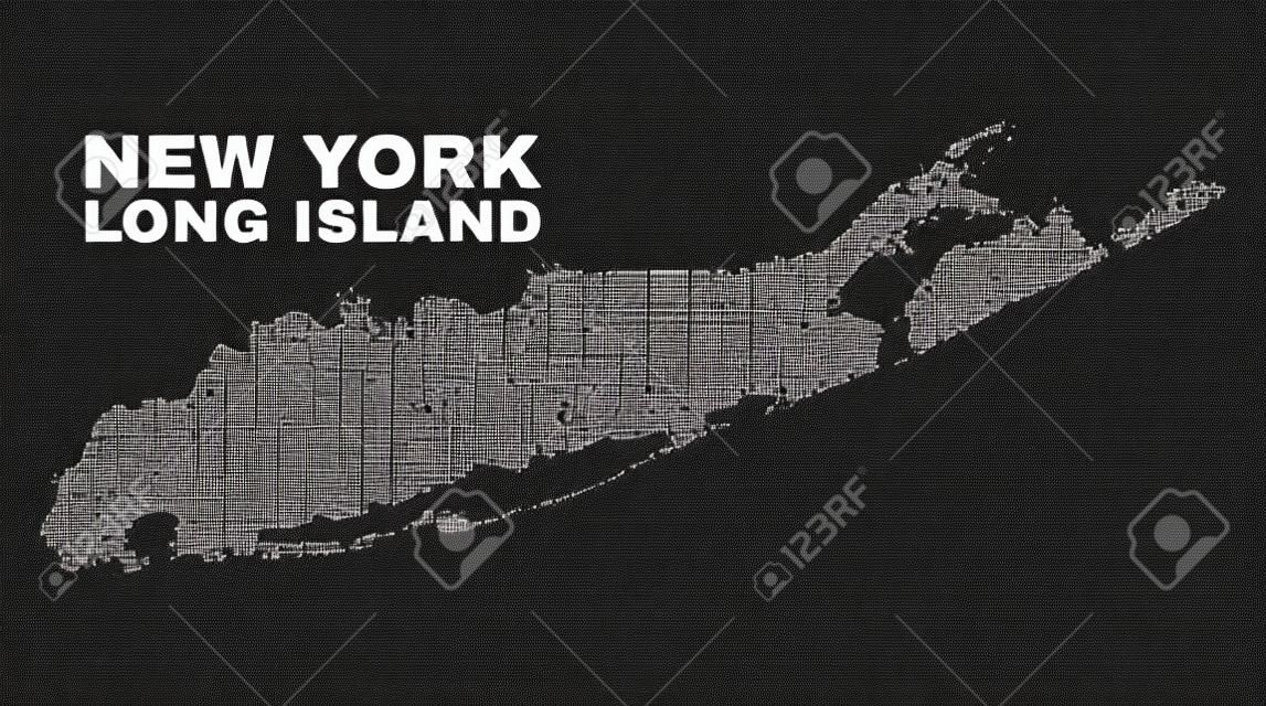 Long Island map designed with tiny dots. Vector abstraction in black color is isolated on a white background. Random tiny points are organized into Long Island map.