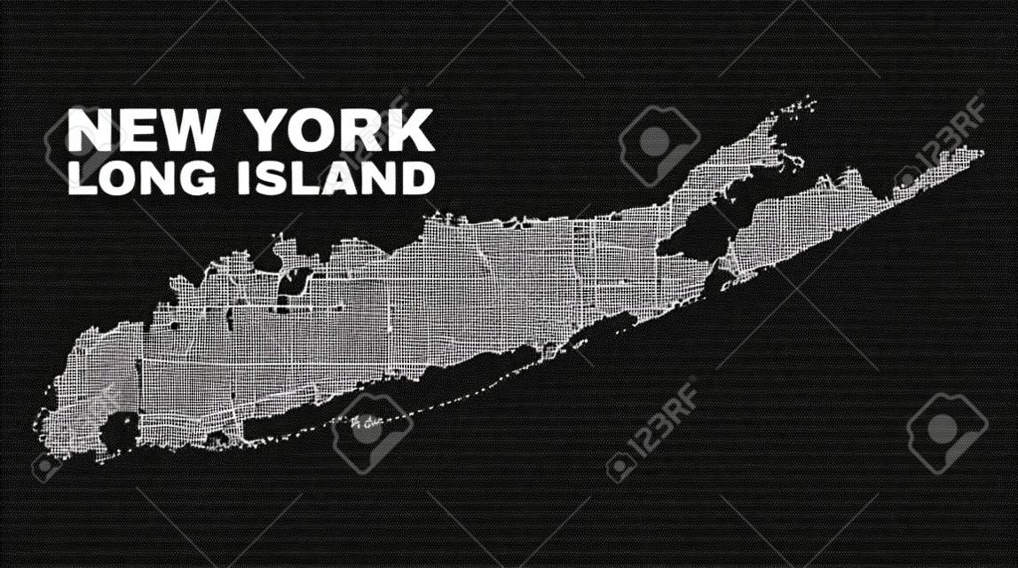 Long Island map designed with tiny dots. Vector abstraction in black color is isolated on a white background. Random tiny points are organized into Long Island map.
