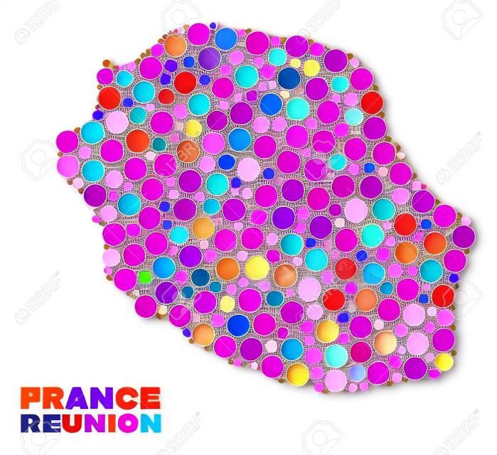 Mappa di Isola di Reunion mosaico isolato su uno sfondo bianco. Astrazione geografica vettoriale nei colori rosa e viola. Mosaico della mappa dell'Isola della Riunione combinata con punti circolari sparsi.