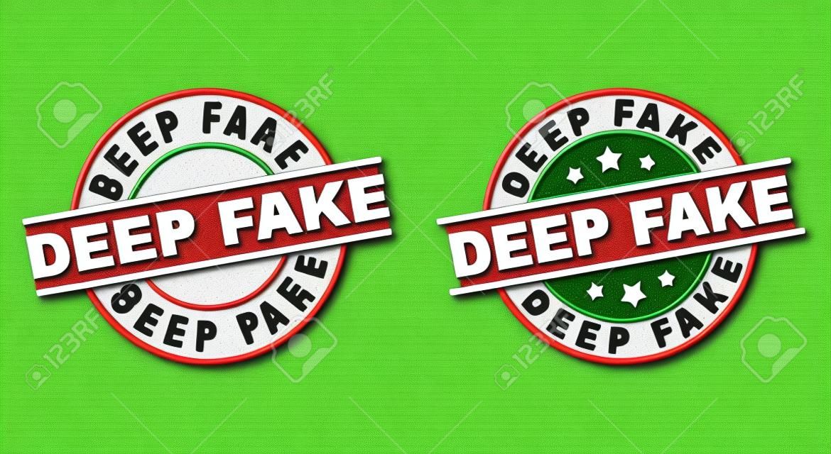 Round DEEP FAKE badge stamps. Flat vector scratched stamp watermarks with DEEP FAKE phrase inside circle and lines, using red and green colors. Stamp imprints with scratched surface.