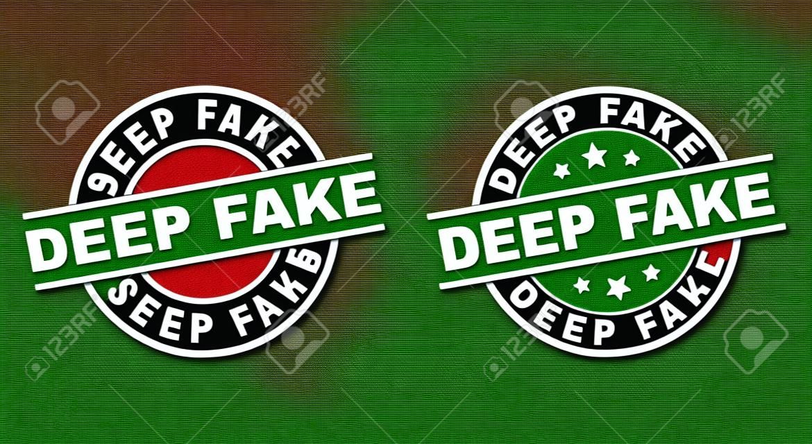 Round DEEP FAKE badge stamps. Flat vector scratched stamp watermarks with DEEP FAKE phrase inside circle and lines, using red and green colors. Stamp imprints with scratched surface.
