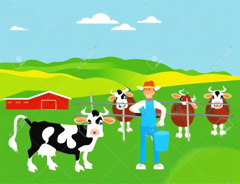 Azienda agricola di latte. Paesaggio rurale. Illustrazione vettoriale
