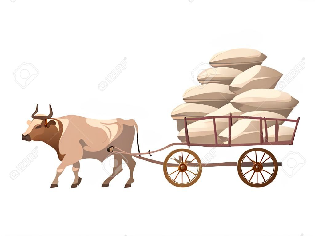 Bull pulls cart with sacks . Vector illustration