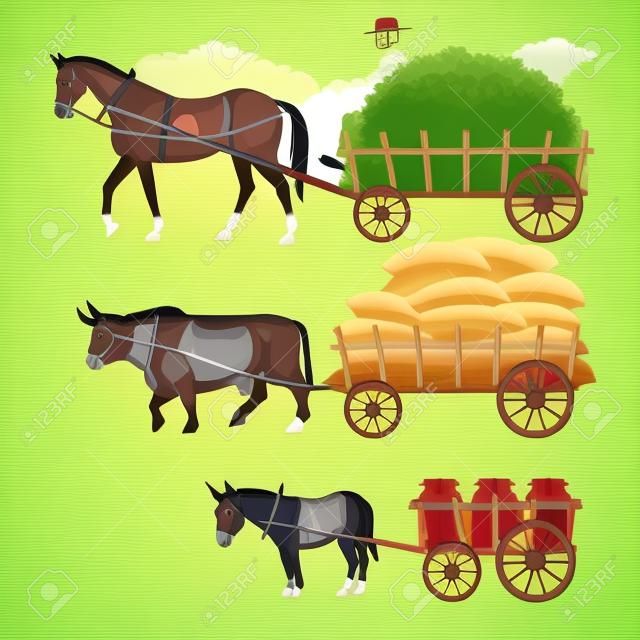 Zestaw pojazdów wektorowych ze zwierzętami pociągowymi: koń, wół i osioł