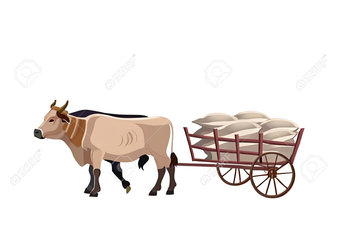 Paar Ochsen ziehen einen Wagen mit Säcken