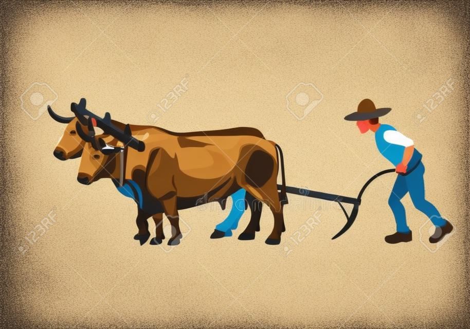 Farmer plowing field with pair oxen. Vector illustration