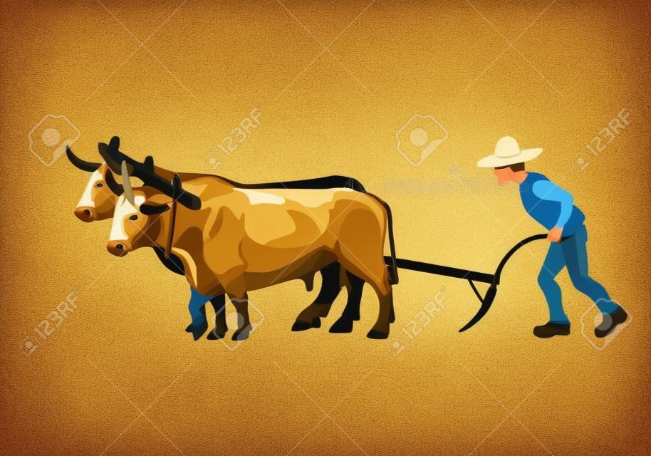 Farmer plowing field with pair oxen. Vector illustration