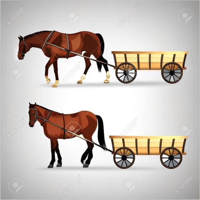 Paard met winkelwagen. Set vector illustratie geïsoleerd op witte achtergrond