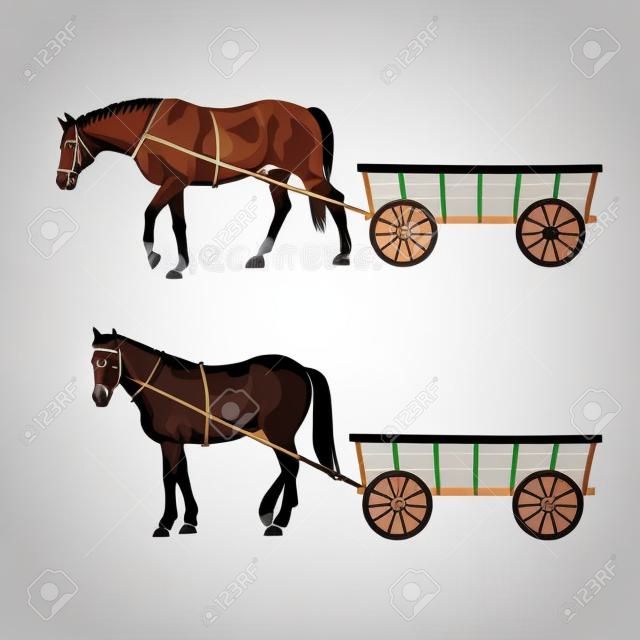 Paard met winkelwagen. Set vector illustratie geïsoleerd op witte achtergrond