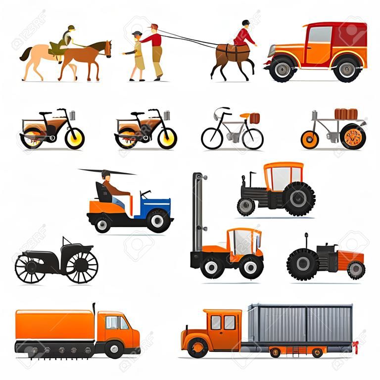 Fahrzeuggeschichte. Entwicklung des Transportwesens. Vektor-Illustration isoliert auf weißem Hintergrund