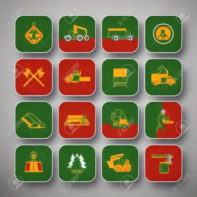 Logging line icons set, timber harvester, logging truck, lorry, lumberjack, lumber, sawmill