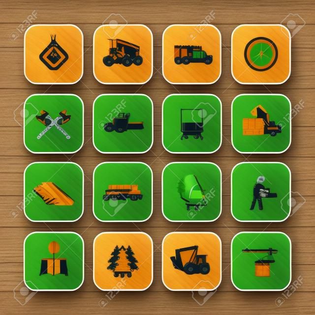 Logging line icons set, timber harvester, logging truck, lorry, lumberjack, lumber, sawmill