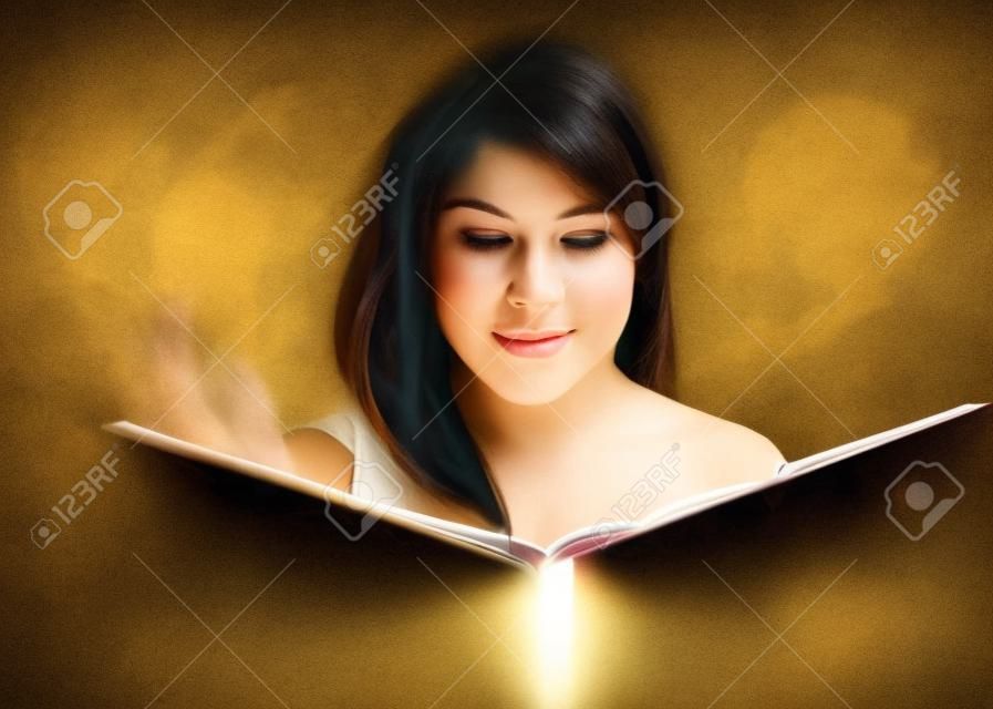 Collage of a young woman reading a magic book