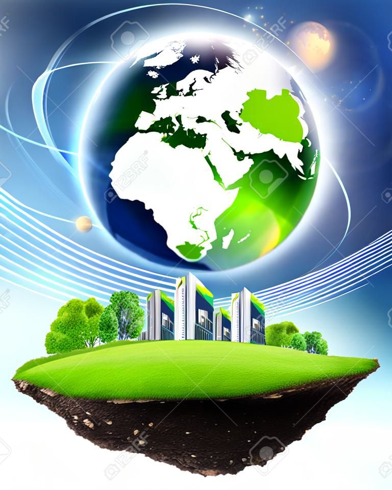 collage de paisaje verde de la naturaleza con el planeta Tierra por encima de ella