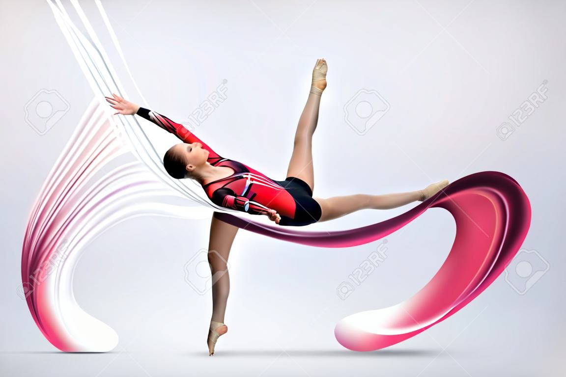 年輕可愛的女子體操運動員西裝白色背景上的運動技能