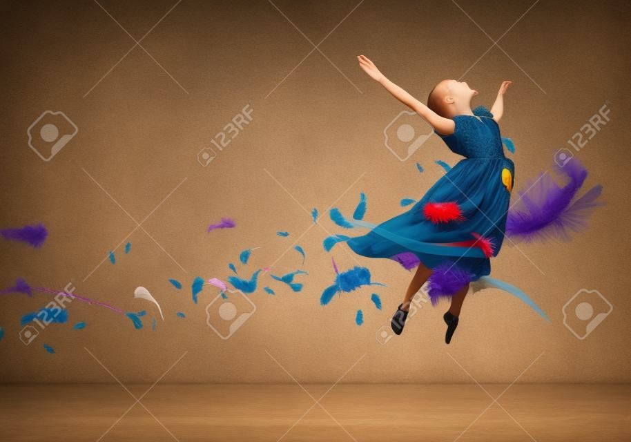 Young girl flying among the feathers like a bird