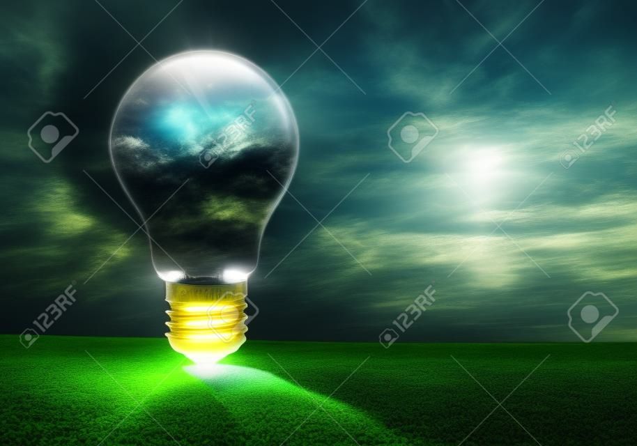 Imagem da lâmpada contra o fundo da natureza Conceito ecológico