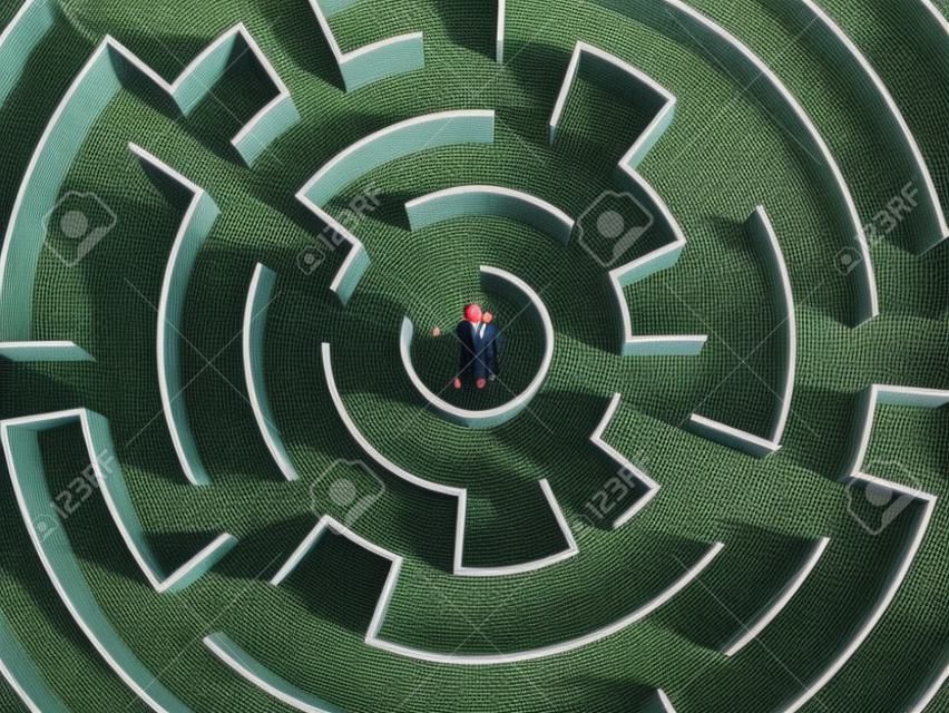 Top uitzicht van succesvolle zakenman staan in het centrum van labyrint
