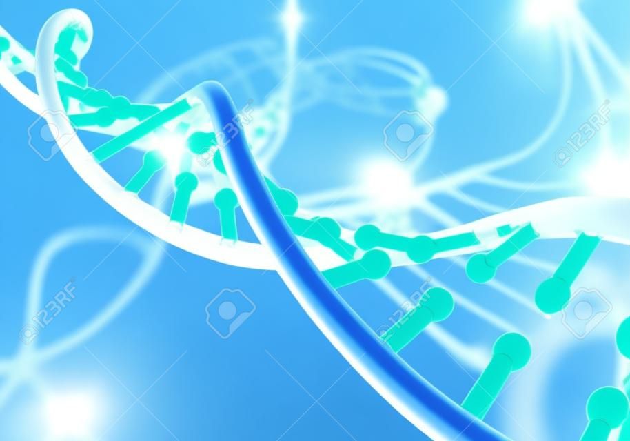 파란색 배경에 DNA 분자와 생화학의 개념