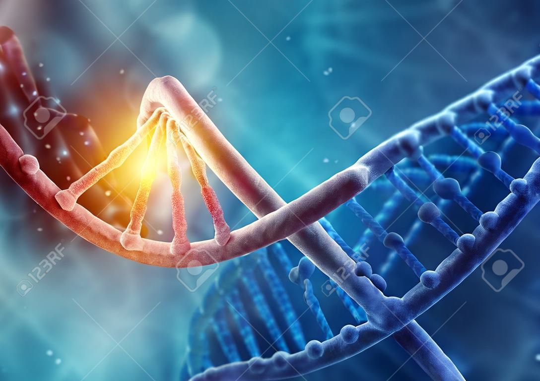 生物化學與藍色背景上的DNA分子概念