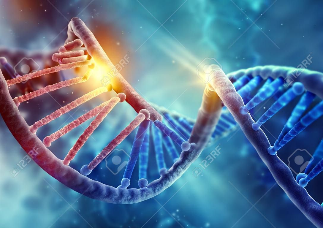 파란색 배경에 DNA 분자와 생화학의 개념
