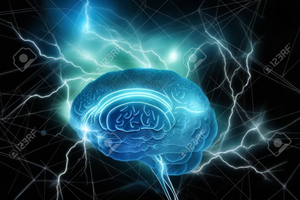 Shiny brain in between thunder lightning on dark background