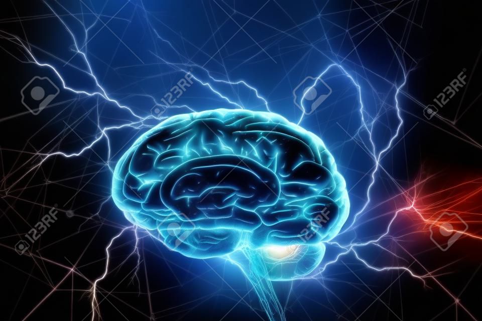 Shiny brain in between thunder lightning on dark background