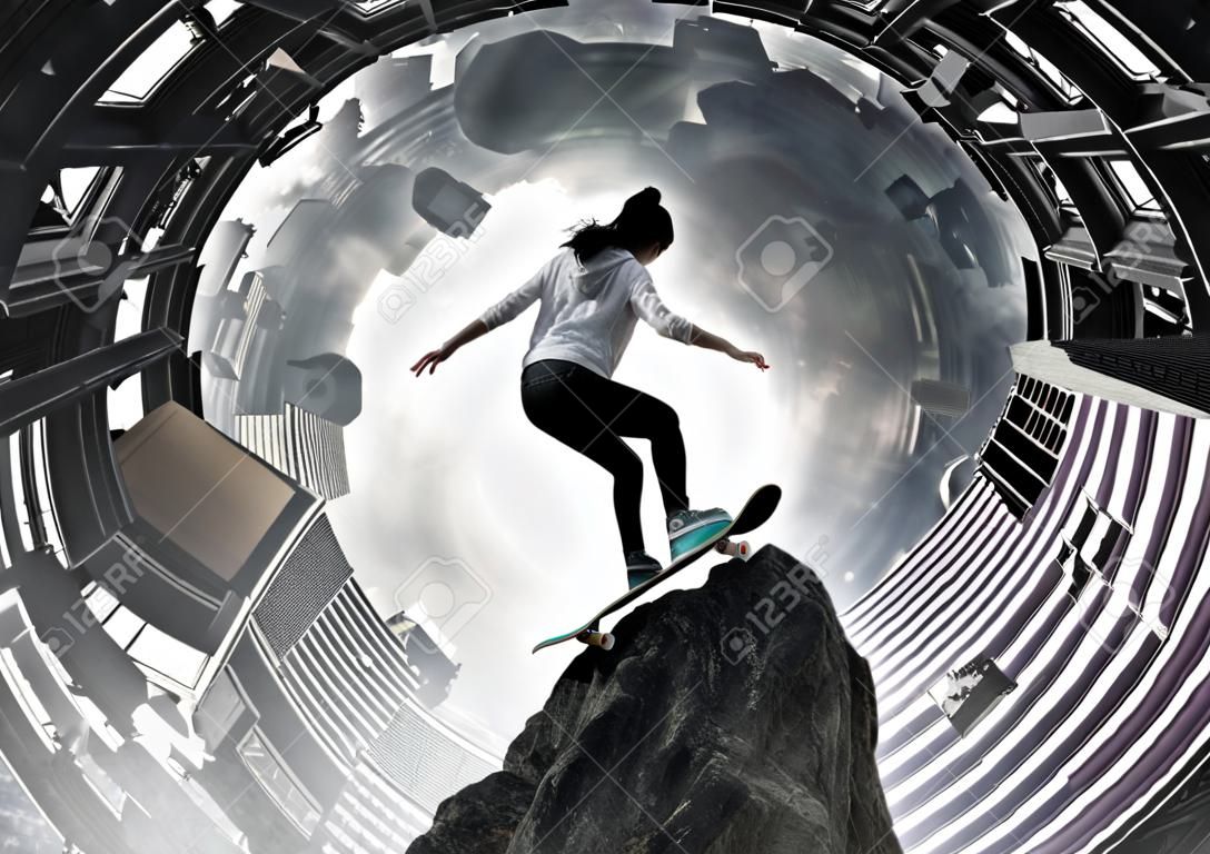 Actief meisje rijden skateboard op rock top