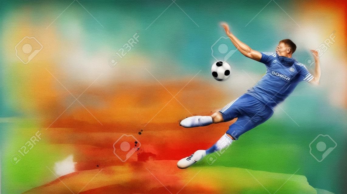 Soccer player kicking ball . Mixed media