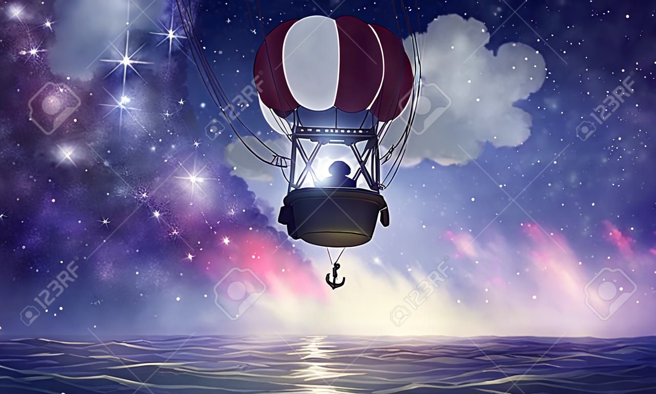 Aerostat ballon vliegen in nacht sterrenhemel. Gemengde media