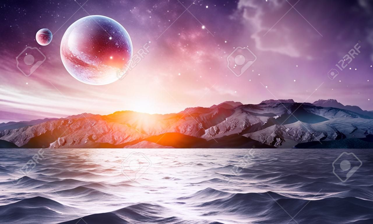 Imagem de fantasia com planetas espaciais e águas do mar