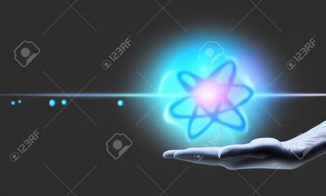 Human hand and atom molecule as science concept. 3d rendering