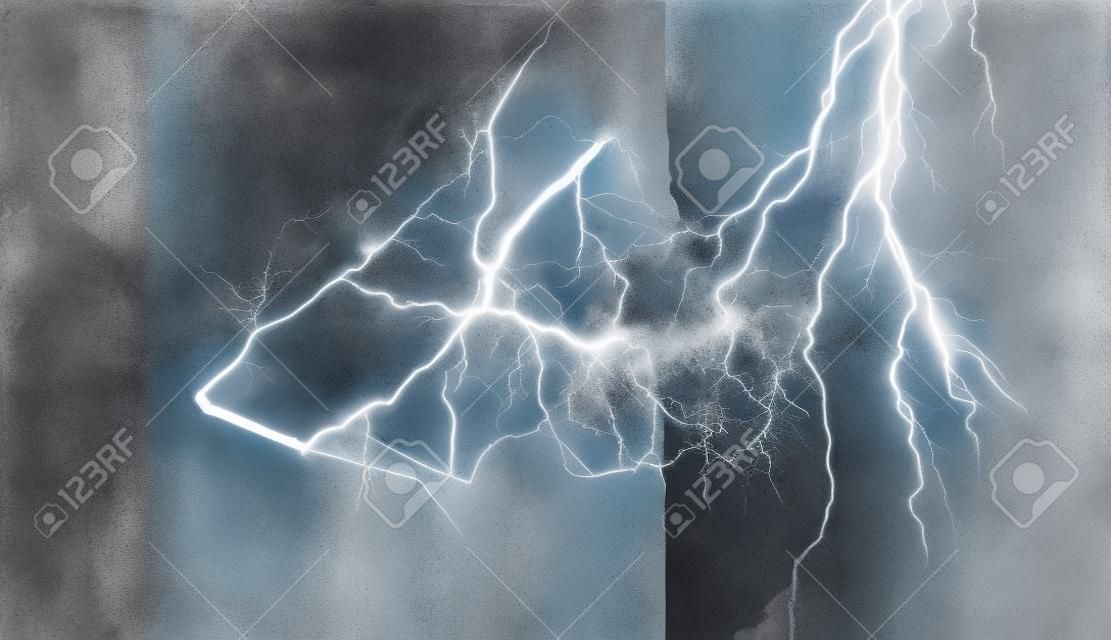 Lightning bolt striking concrete wall. Mixed media