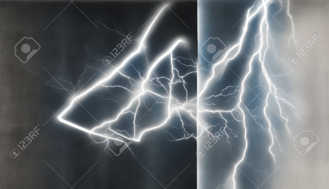 Lightning bolt striking concrete wall. Mixed media
