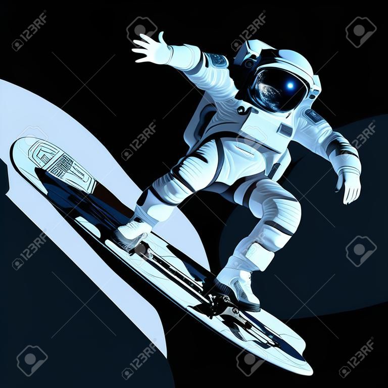 Astronauta en tablero futurista surfeando contra un fondo oscuro. Técnica mixta