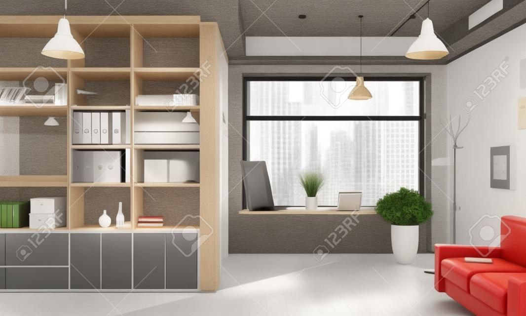 Stylish and simple office with furniture and no people. Mixed media