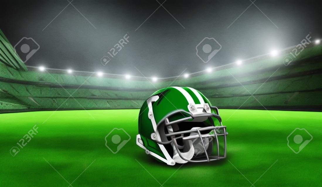 Rugby helmet on green grass in sport arena. Mixed media