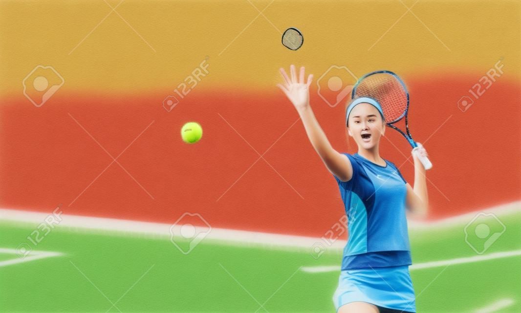 Junge Frau, die Tennis in Aktion spielt. Gemischte Medien