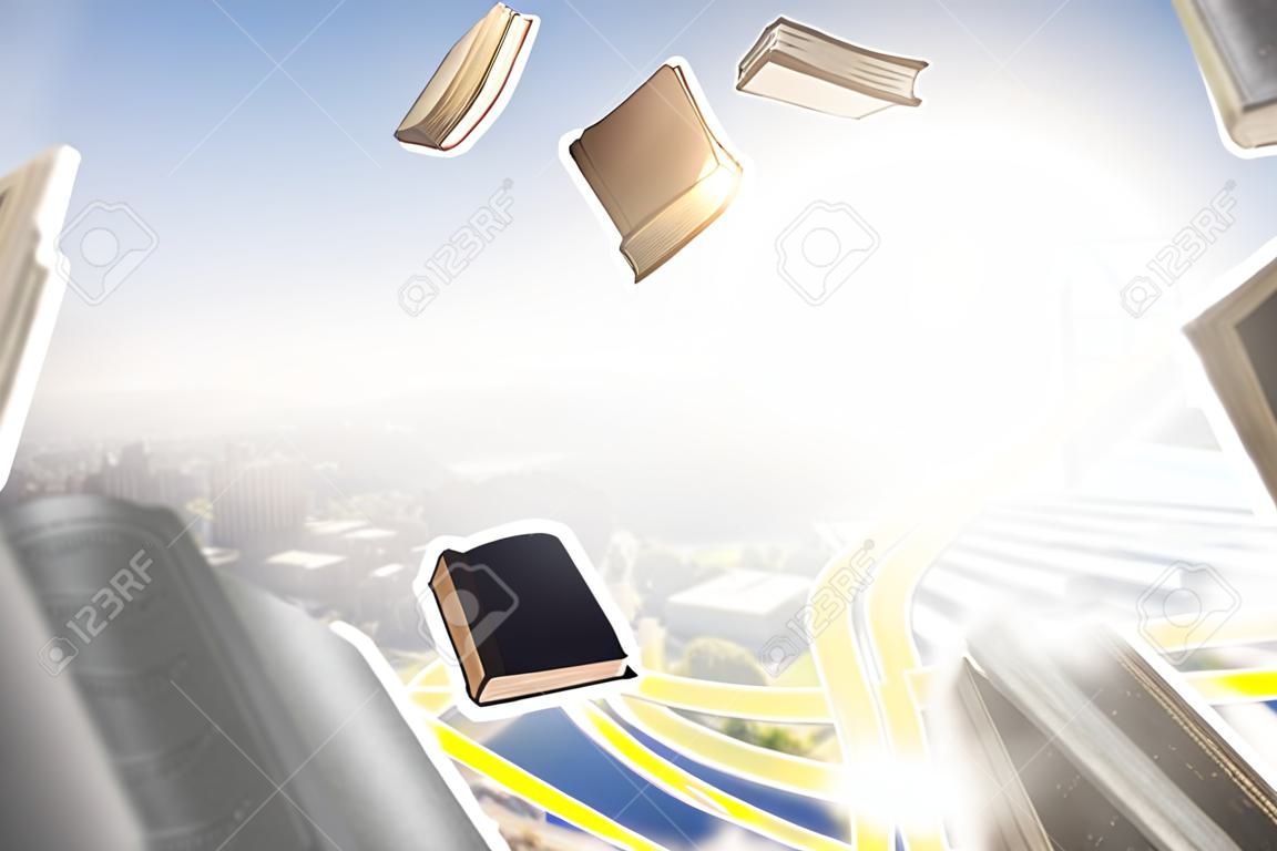 Libros volando en el cielo