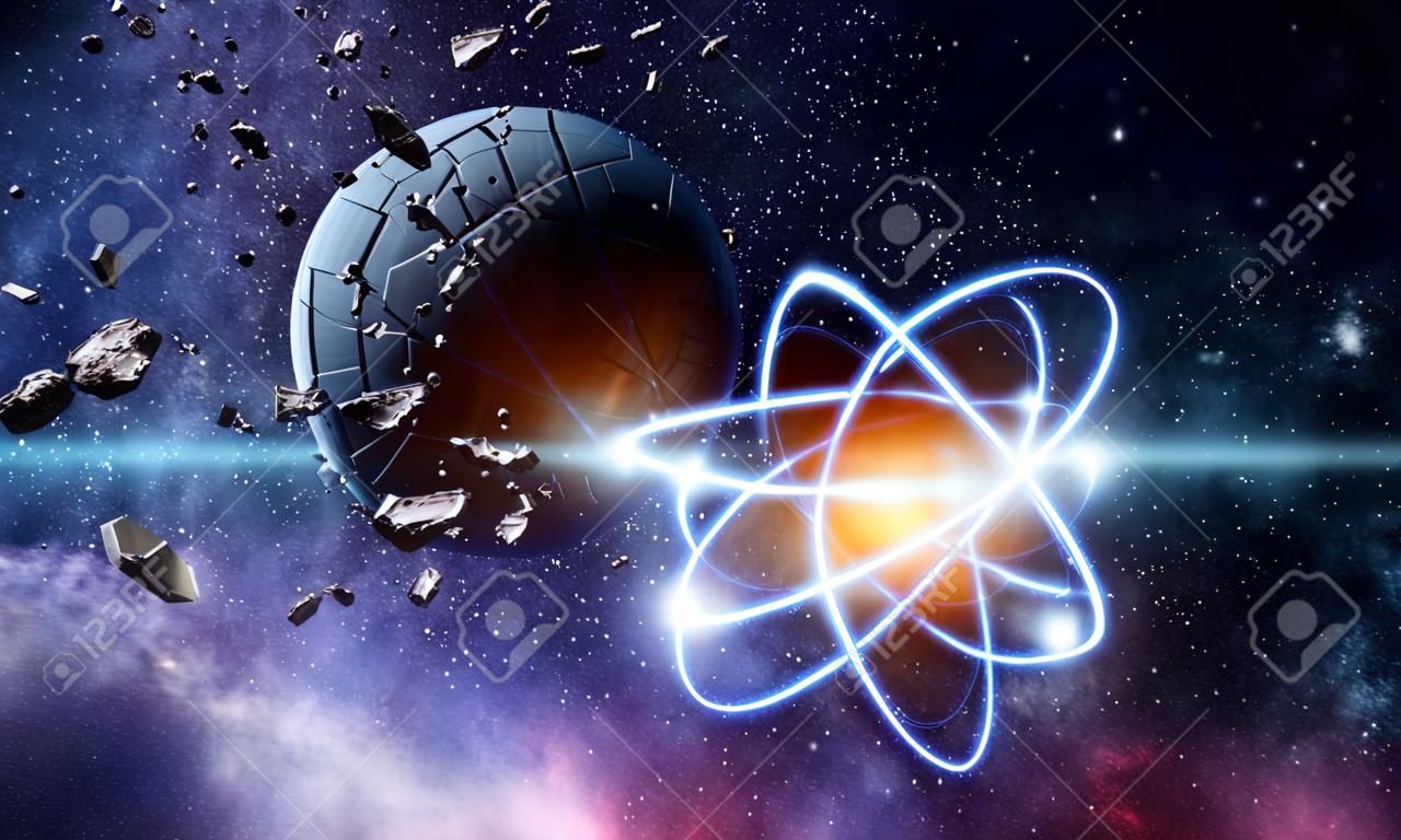 科学概念としての宇宙背景上の原子分子。3D レンダリング