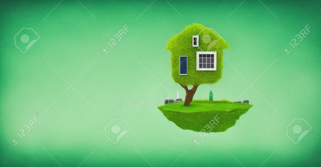 Little Eco House sul concetto di erba verde. Tecnica mista