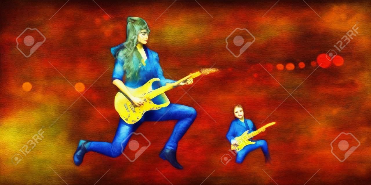 Young and beautiful rock girl playing the electric guitar . Mixed media