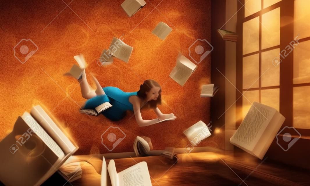 Young woman levitates while reading a book