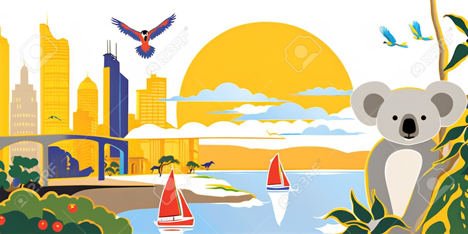 Vector illustration of sunny Australia cityscape with wild animals. Koala, kangaroo and parrot near the river at sunrise