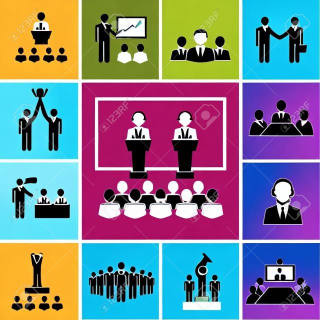 Vector silhouette business conference and presentation icons, meeting people